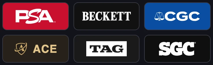 The logos of the six grading companies supported by DarkDex: PSA, Beckett, CGC, ACE, TAG and SGC